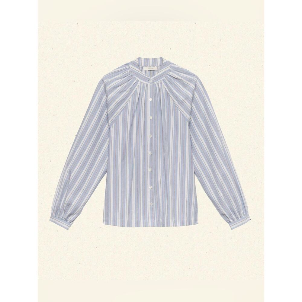 NWT Doen Julienne Cotton Button High Neck Blouse Top Loiret Stripe Blue White